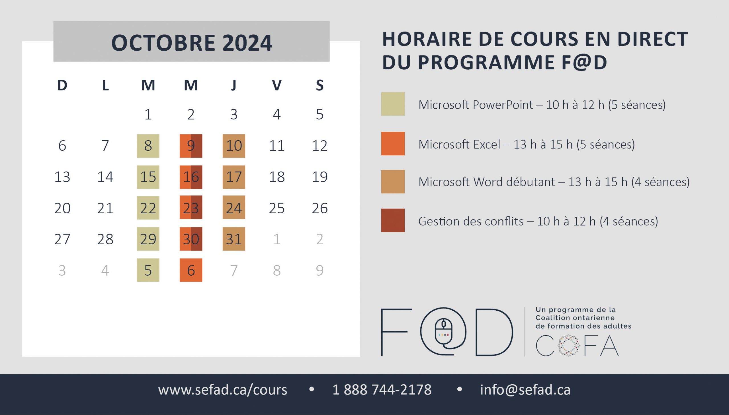 Horaire de cours en direct du programme FAD, juin 2023