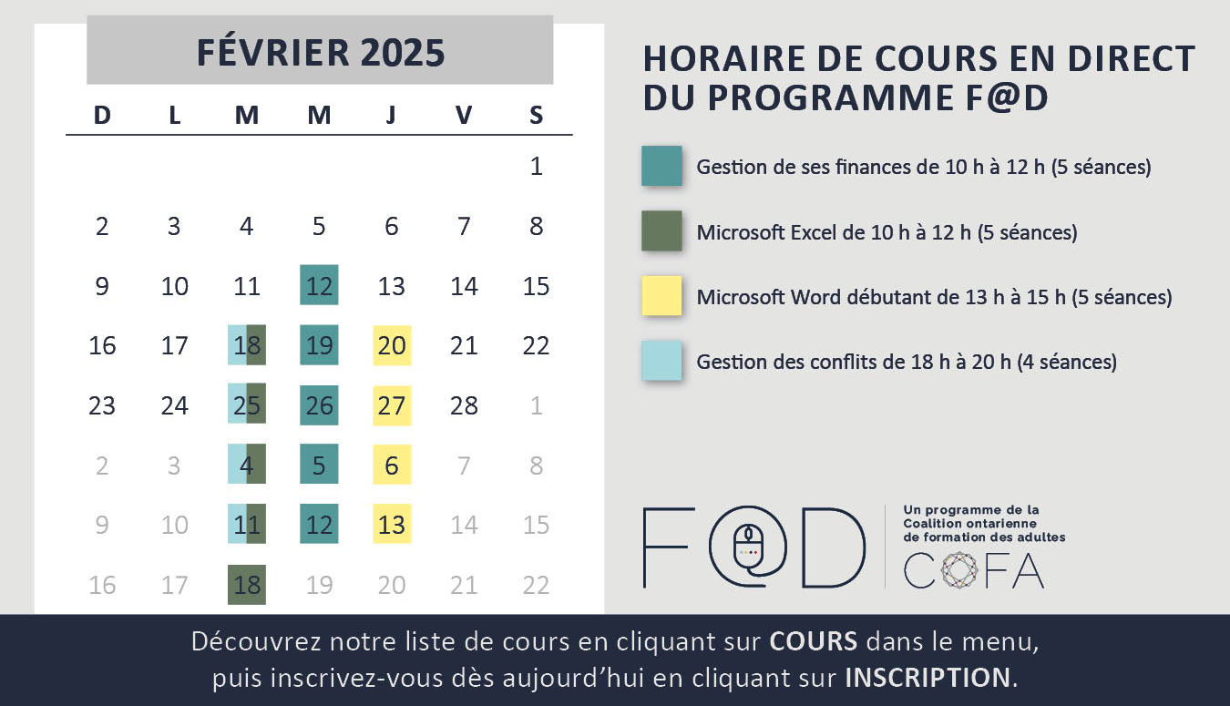 Horaire de cours en direct du programme FAD, juin 2023